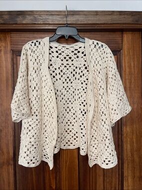 Handmade Open Crochet Knit Cardigan - Cream Women Sweater m/L